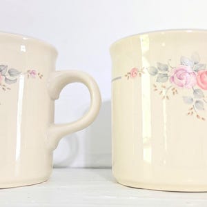 Vintage 1980&#39;s Pfaltzgraff &quot;Trousseau Roses&quot; Mugs/Cups, Purple and Pink Roses Sage Leaves Taupe Seeds, on Eggshell w Sage Trim. Set of 2.