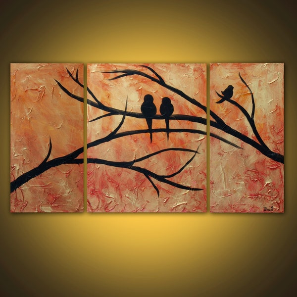 Birds on Gold original large acrylic painting on canvas triptych Great Gift SALE