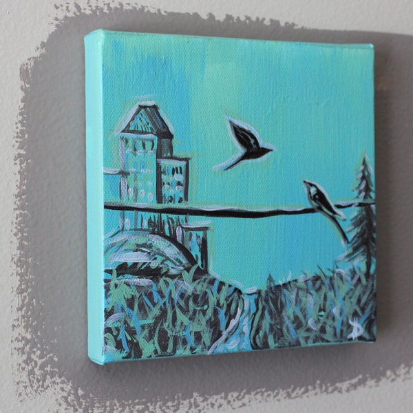 Bird painting turquoise Birds with a City View Great Gift