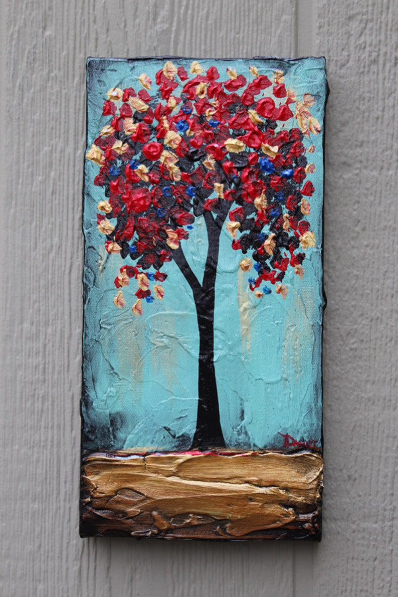 Red Tree original acrylic painting on canvas 6x12 | Etsy