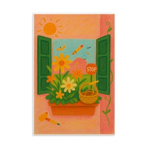 Cartão postal de giz de cera da primavera – arte de janela com cesta de flores excêntrica, impressão 4x6