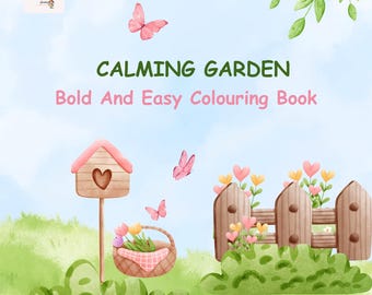 Könnte beinhalten: Aquarell-Illustration für ein "Calming Garden" Malbuch. Das Bild zeigt ein Vogelhaus, Schmetterlinge, einen Blumenkorb und einen Holzzaun. Der Text "Bold And Easy Colouring Book" ist ebenfalls sichtbar.