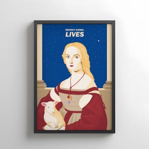 Puede incluir: Impresión artística enmarcada que representa a una mujer con un vestido de estilo renacentista sosteniendo un cordero. La obra de arte tiene un fondo de cielo nocturno azul con las palabras "RESPECT ANIMAL LIVES" en la parte superior. La mujer tiene cabello rubio y viste un vestido rojo y beige.