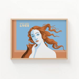Puede incluir: Impresión artística enmarcada que presenta una ilustración estilizada de una mujer con cabello castaño rojizo largo y un zorro. El texto "RESPECT ANIMAL LIVES" se muestra encima de la mujer. La obra de arte está sobre un fondo azul y marrón.
