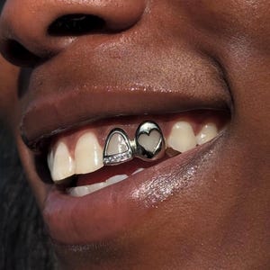 Heart Shape Cap & Open Face Window Iced Out Diamond Tip — Handmade Custom Fit Grillz in Sterling Silver or Gold | Free Mould Kit Included!