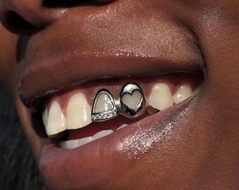Heart Shape Cap & Open Face Window Iced Out Diamond Tip — Handmade Custom Fit Grillz in Sterling Silver or Gold | Free Mould Kit Included!