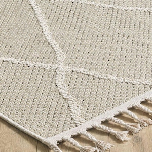 160x230 cm Boho Cream Rug – Handwoven Look Cotton Area Rug, With or Without Tassels, Moroccan Style Minimalist Carpet for Modern Decor”