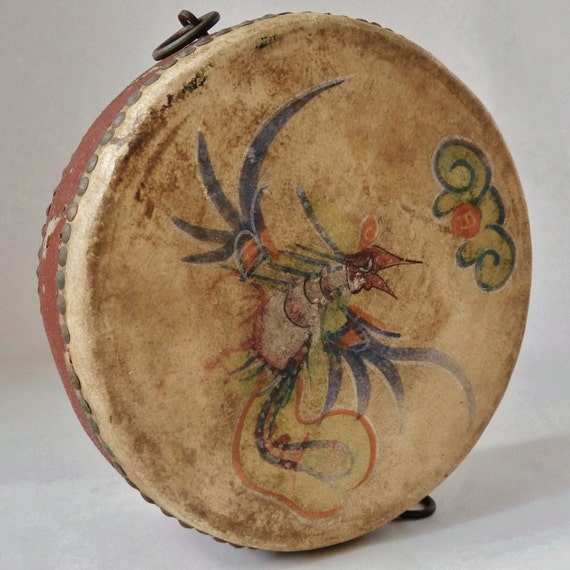 Items similar to RARE Tibetan Altar Drum with Mystical Phoenix