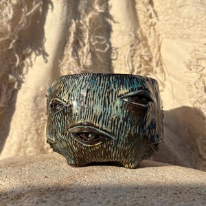 Può includere: Fioriera in ceramica fatta a mano con un design unico. Il vaso smaltato marrone scuro e verde acqua presenta molteplici dettagli a forma di occhio all'esterno. La superficie strutturata e i piedini contribuiscono al suo fascino artistico. Ideale per piccole piante o come elemento decorativo.