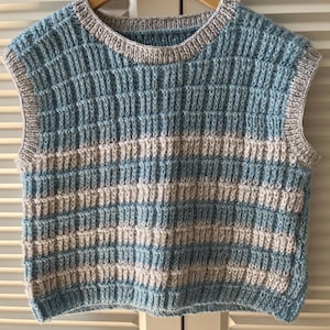 Hand-Knitted Mohair Sweater Vest – Blue, White and Grey  – Soft & Sparkly – Size M