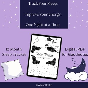 May include: Digital PDF sleep tracker for Goodnotes. The image shows a tablet displaying a sleep tracker design with clouds, stars, and a crescent moon. Text includes "Track Your Sleep," "Improve your energy," and "One Night at a Time."