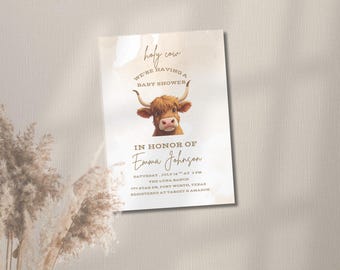 Invitación para baby shower con temática de vaca de las Tierras Altas / Estilo western campestre unisex (plantilla editable de Canva)