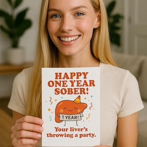 Happy One Year Sobriety Card, 1 Year Sober Gift, AA Milestone Greeting Card, Funny Liver Cartoon Sobriety Anniversary Card