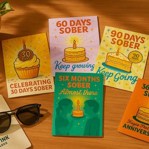 Sober Milestone Card Bundle, 30 Days to 1 Year, Recovery Anniversary Cards ,AA NA Sobriety Gift Pack, Encouragement for Sobriety, 5 pack