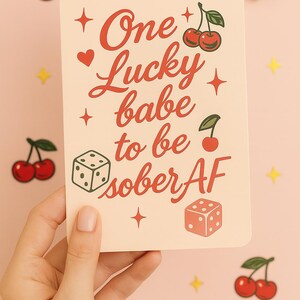 Carte de voeux AF sobre, clarté, confiance et limites tueuses, cadeau drôle de sobriété pour elle. Carte cerises et dés rétro