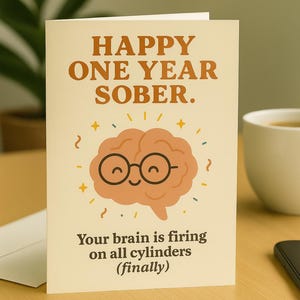 Cheers to One Year Sober, Humorous Milestone Card Celebrating Sobriety and Mental Clarity