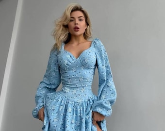 Floral Cotton Romper – Corset Top, Puffy Sleeves