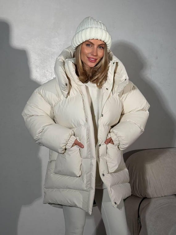 Jaqueta feminina Jaqueta longa acolchoada com capuz e gola larga