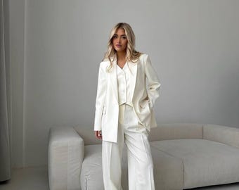 Womens Three Piece Suit – Jacket, Vest and Palazzo Pants, Autumn Outfit, Elegant Fall Clothing,