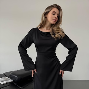 Women&#39;s Long Silk Dress.Maxi with Ties - Elegant Women&#39;s Long Sleeve Dress.Birthday Dress,Black Evening Dress.Beautiful Outfit for a Wedding
