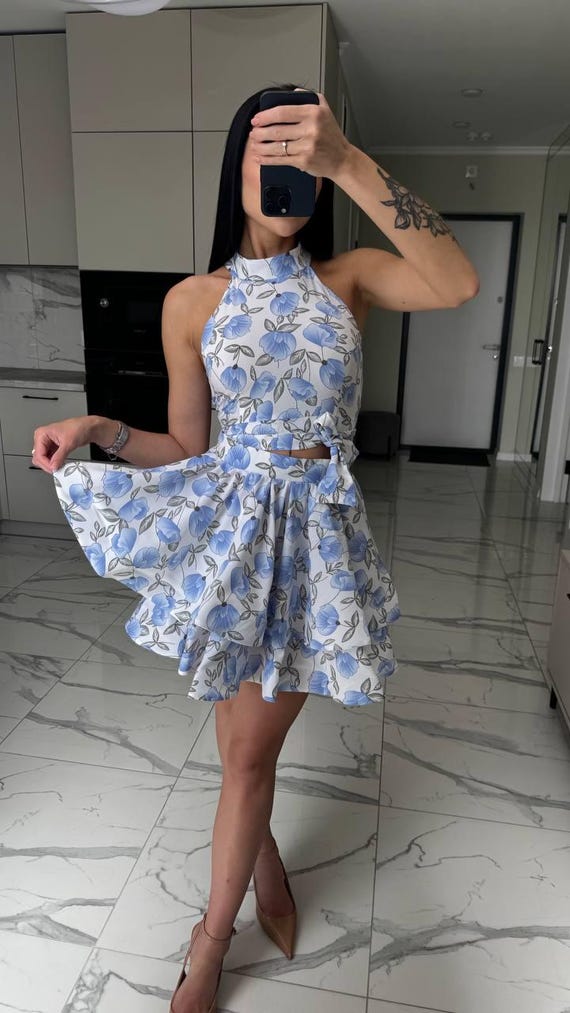 Women's Summer Two Piece Set – Back Tie Top Full Floral