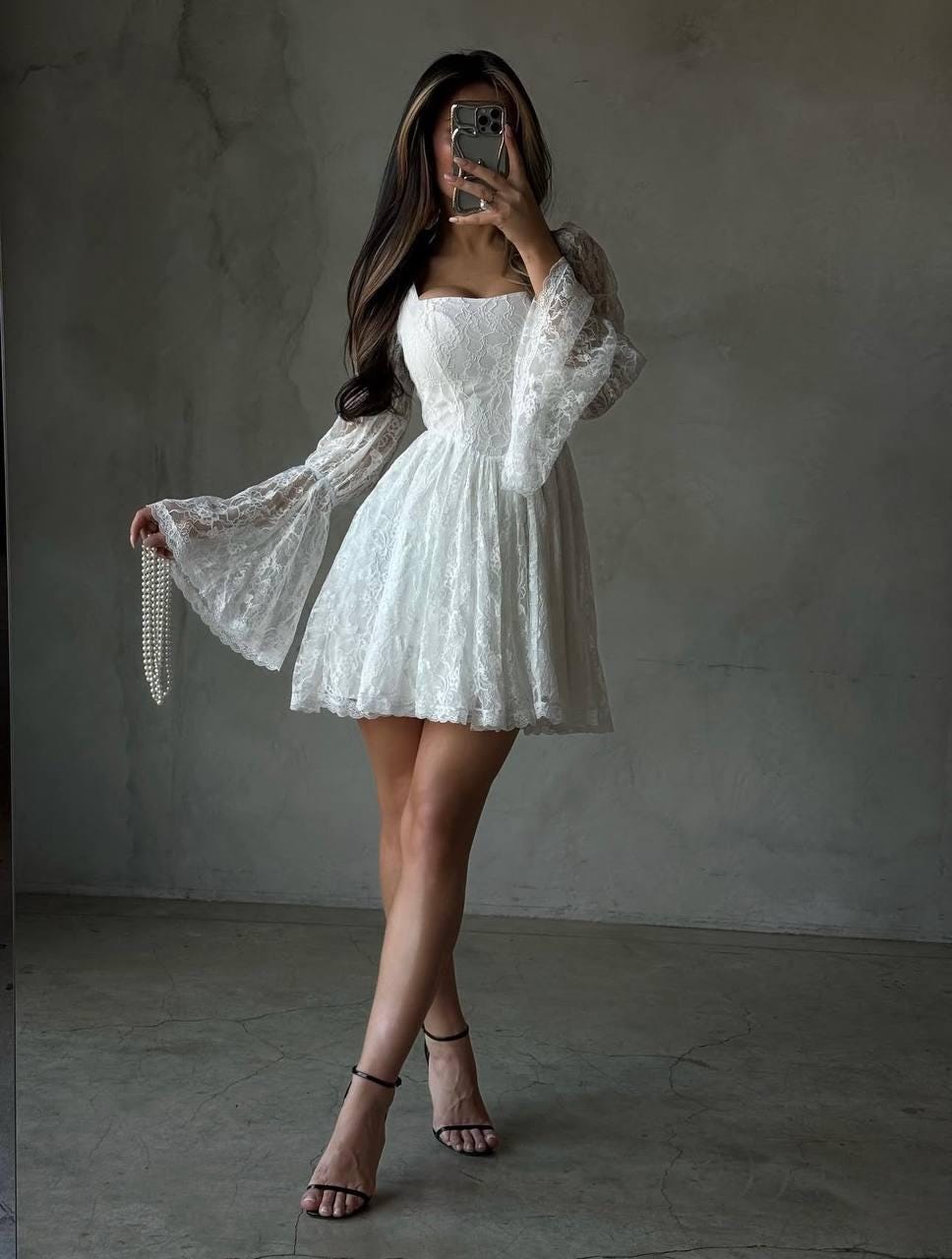 Sheer Sleeves White Pleated Balloon Sleeve Bodycon Dress White