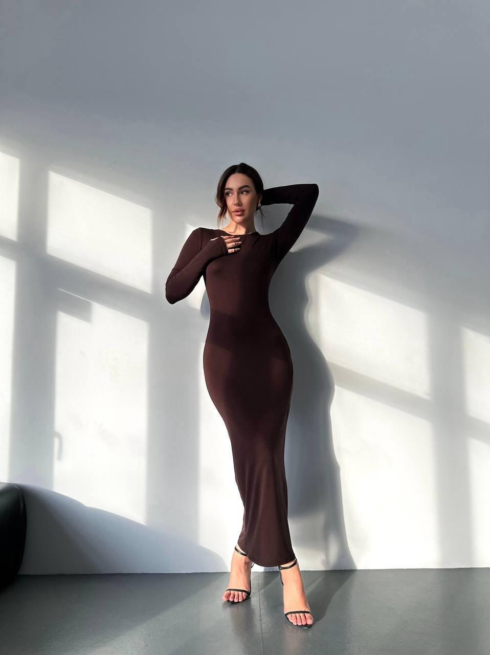 knee length dresses for ladies Petal & Pup Women's Chance Long Sleeve Satin Minidress - Brown main image 1