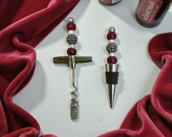 Handmade Glass Bead / Wine Stopper Corkscrew Bottle Opener / Housewarming Delta Gift / Crimson Cream