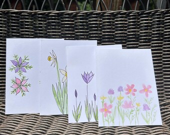 Hand-painted watercolor cards, set of 4, spring flowers, blank cards