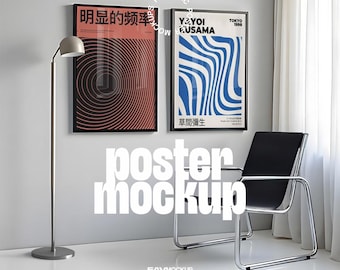 May include: Two framed posters with abstract designs hang on a wall. One poster has a red background with concentric circles, and the other has blue wavy lines. A black chair and a silver floor lamp are in the room. The text "poster mockup" is visible.