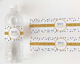Navy & Gold Water Bottle Labels Editable Template, Navy and Gold Glitter Confetti Custom Water Labels, Corjl