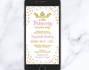 Little Princess Baby Shower Evite Template, Editable Pink & Gold Princess Baby Shower Invite, Electronic, Corjl