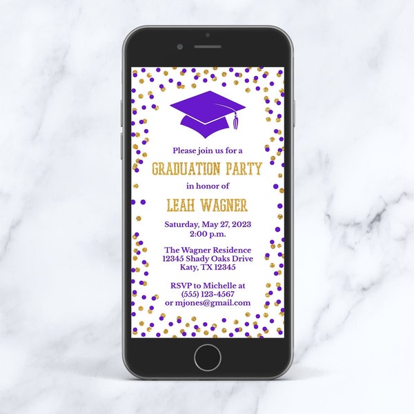 Purple Graduation Party Evite Template, Purple & Gold Glitter Confetti Electronic Grad Party Editable Invite, Corjl, PURG01