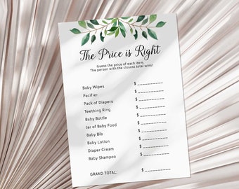 Greenery The Price is Right Baby Shower Game, Greenery Calligraphy Shower Game, Guess The Price, DIGITAL DOWNLOAD