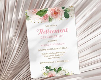 Blush Retirement Party Invitation Editable Template, Blush & Gold Floral Retirement Celebration Invite, TEMPLETT, BWF