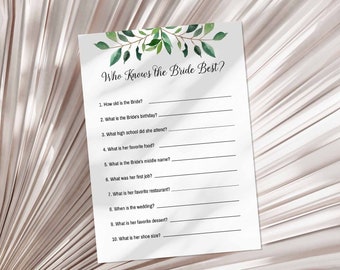 Greenery Who Knows The Bride Best Shower Game, Greenery Calligraphy Bridal Shower Game, INSTANT DOWNLOAD