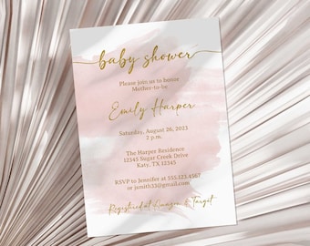 Blush Baby Shower Invitation Template, Watercolor Blush & Gold Editable Baby Girl Shower Invite, Corjl, WBG