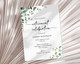 Eucalyptus Retirement Party Invitation Template, Editable Greenery Retirement Invite, TEMPLETT, EUC