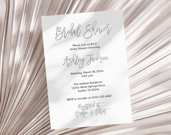 Elegant Silver Bridal Shower Invitation Template, Editable Silver Wedding Shower Invite, Corjl, SIL