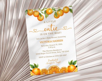 A Little Cutie Baby Shower Invitation Template, Editable Orange Citrus Shower Invite, Neutral, TEMPLETT