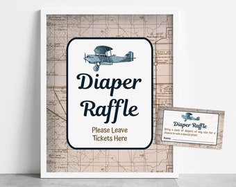 Airplane Diaper Raffle Tickets and Sign, Bring a Pack of Diapers, Vintage Travel Invite Baby Shower Invitation Insert, INSTANT DOWNLOAD