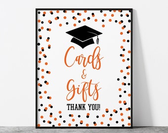 Graduation Cards and Gifts Sign, Orange & Black Confetti Gift Table Sign, 2 Sizes, INSTANT DOWNLOAD, OBG