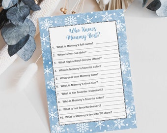 Who Knows Mommy Best Winter Baby Shower Game, Winter Watercolor Blue, Baby Boy Shower Game,INSTANT DOWNLOAD, WWB