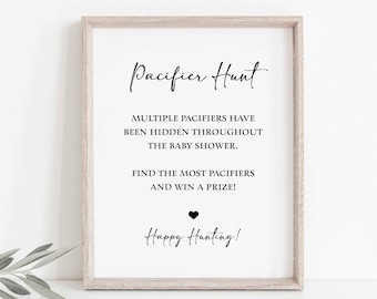 Pacifier Hunt Baby Shower Game Sign, Minimalist Black & White Baby Shower Game, 2 Sizes, INSTANT DOWNLOAD