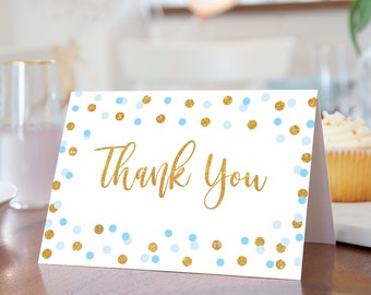 Blue Thank You Card, Blue and Gold Glitter Confetti Shower Printable Thank You, INSTANT DOWNLOAD, 0002
