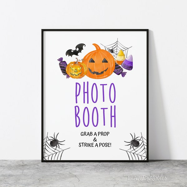 Halloween Photo Booth Grab a Prop and Strike a Pose Party Sign, Purple & Orange Shower Sign, 2 Sizes, INSTANT DOWNLOAD