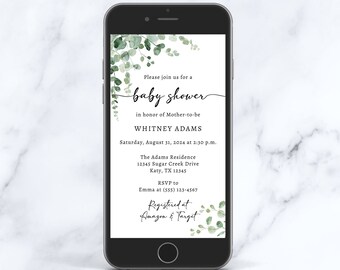 Eucalyptus Baby Shower Evite Editable Template, Electronic Eucalyptus Greenery Leaves Shower Invite, Neutral, TEMPLETT, EUC