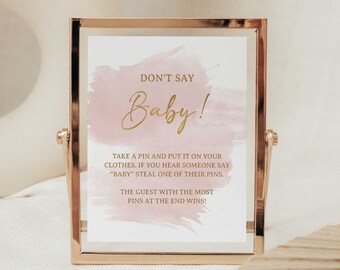 Blush Don't Say Baby Shower Game Sign, Watercolor Blush & Gold Diaper Pin Game, INSTANT DOWNLOAD, WBG