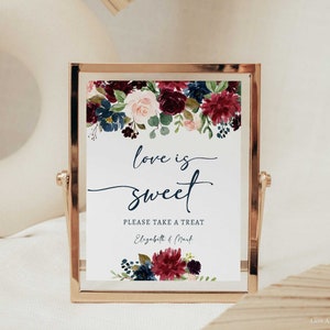 Love is Sweet Please Take a Treat Sign Template, Navy & Burgundy Floral Editable Wedding Sign, Bridal Shower Sign, 2 Sizes, TEMPLETT