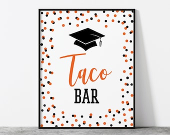 Taco Bar Graduation Party Sign, Orange & Black Confetti Baby Shower Sign, 2 Sizes, INSTANT DOWNLOAD, OBG